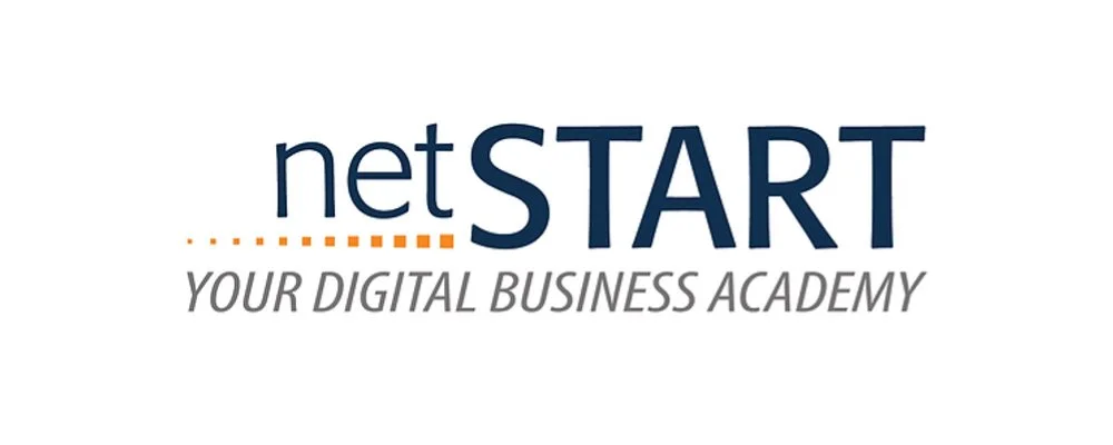 Logo mit dem Text "netSTART" und dem Slogan "Your Digital Business Academy"
