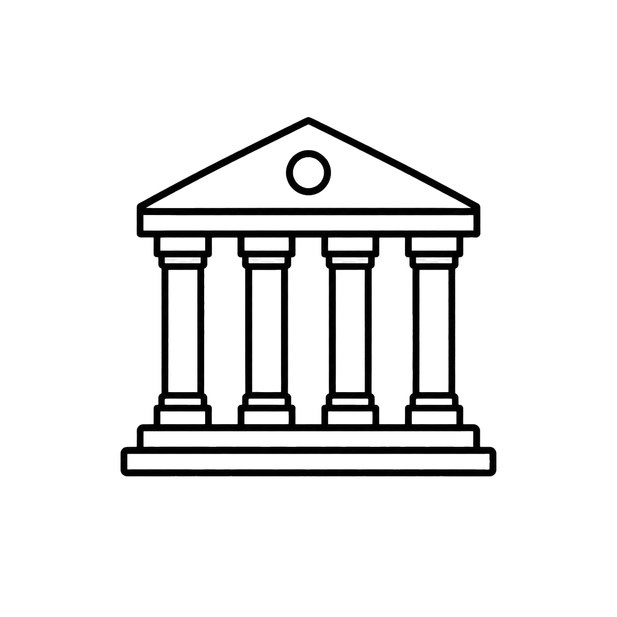 Symbol eines antiken Gerichtsgebäudes mit Säulen, typisch für die Antike, dargestellt in minimalistischer, digitaler Illustration.