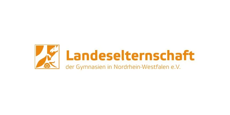 Logo mit einem stilisierten Falken, Text 'Landeselterngschaft der Gymnasien in Nordrhein-Westfalen e.V.' in orange.