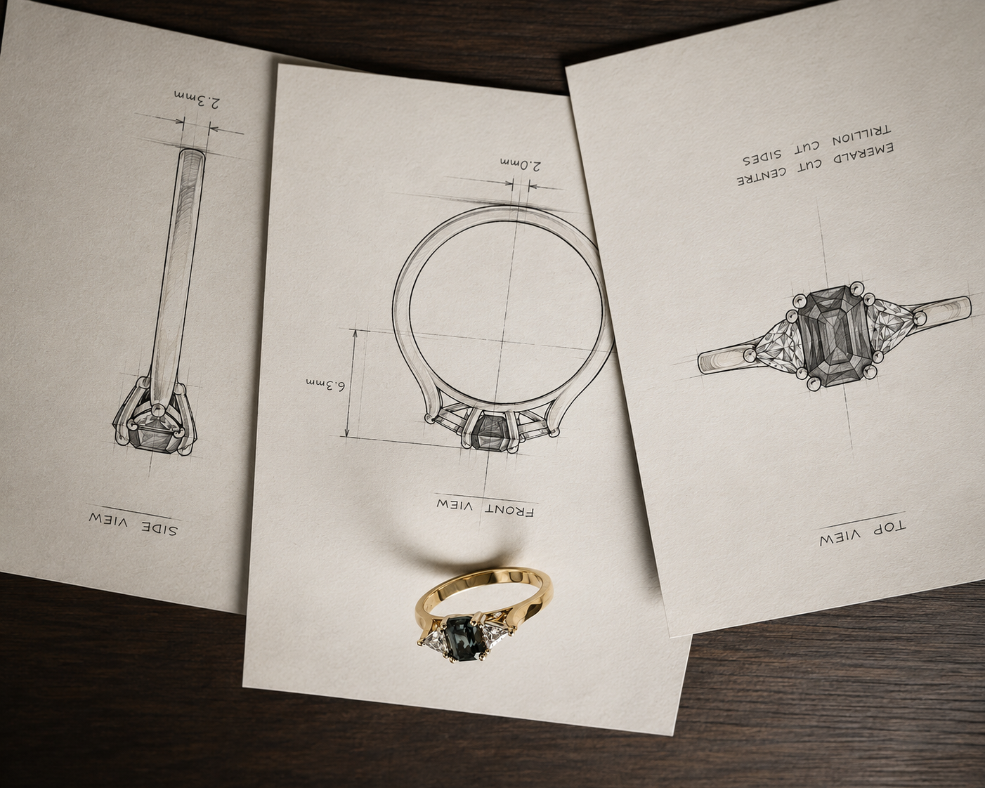 A gold ring with a precious gemstone and smaller diamonds, placed on a sheet of paper with detailed jewelry design sketches and measurements.