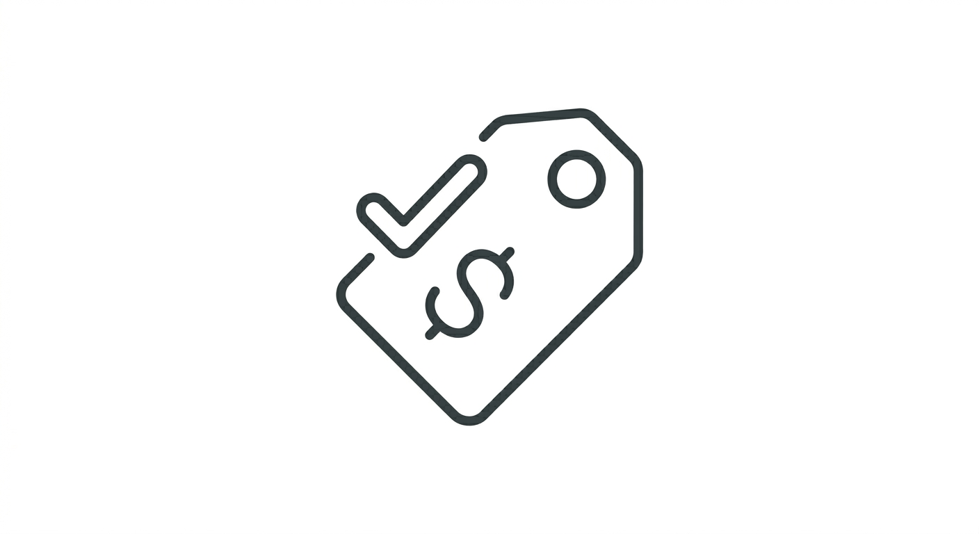Line drawing of a price tag with a dollar sign and a check mark.