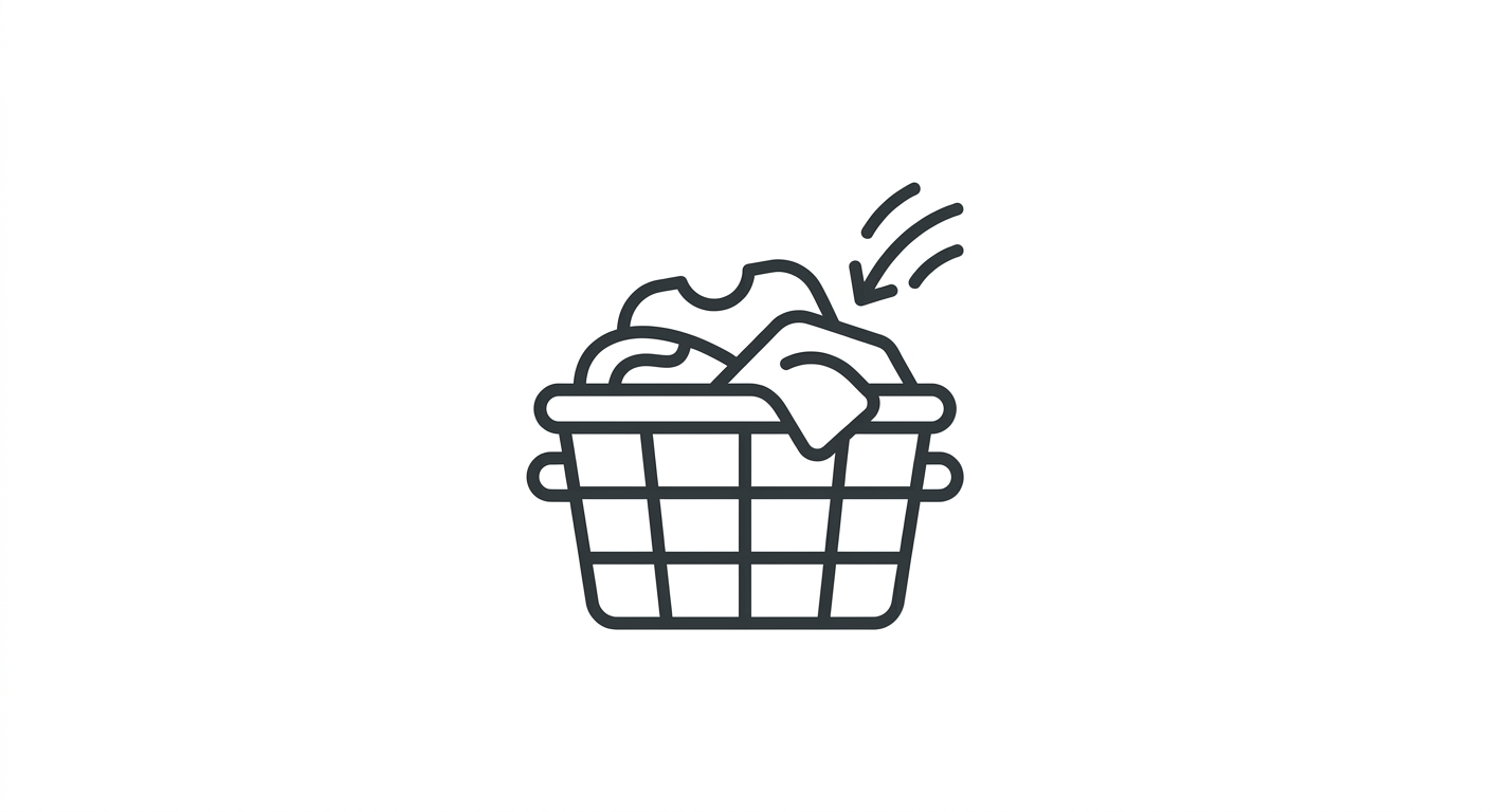 Line drawing of a laundry basket filled with clothes, some of which are spilling over.