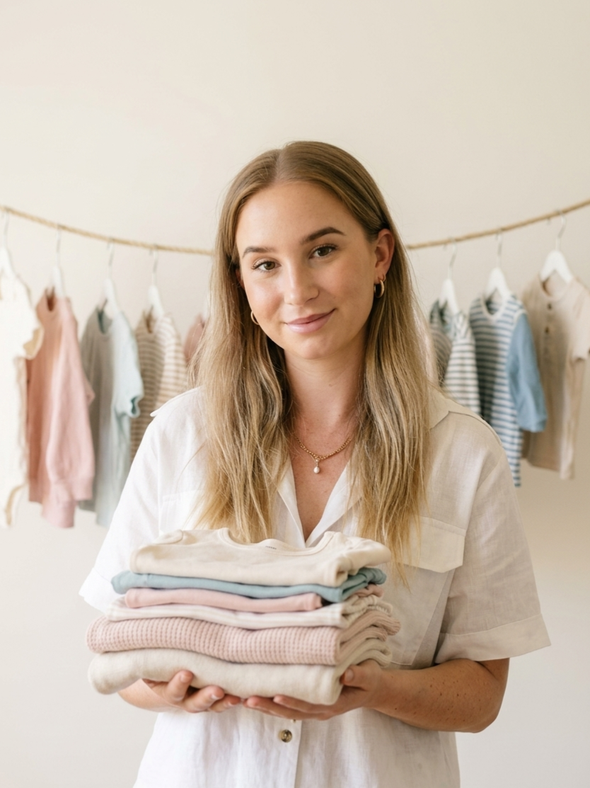 A woman holding a stack of folded clothes in front of a hanging display of baby clothes.