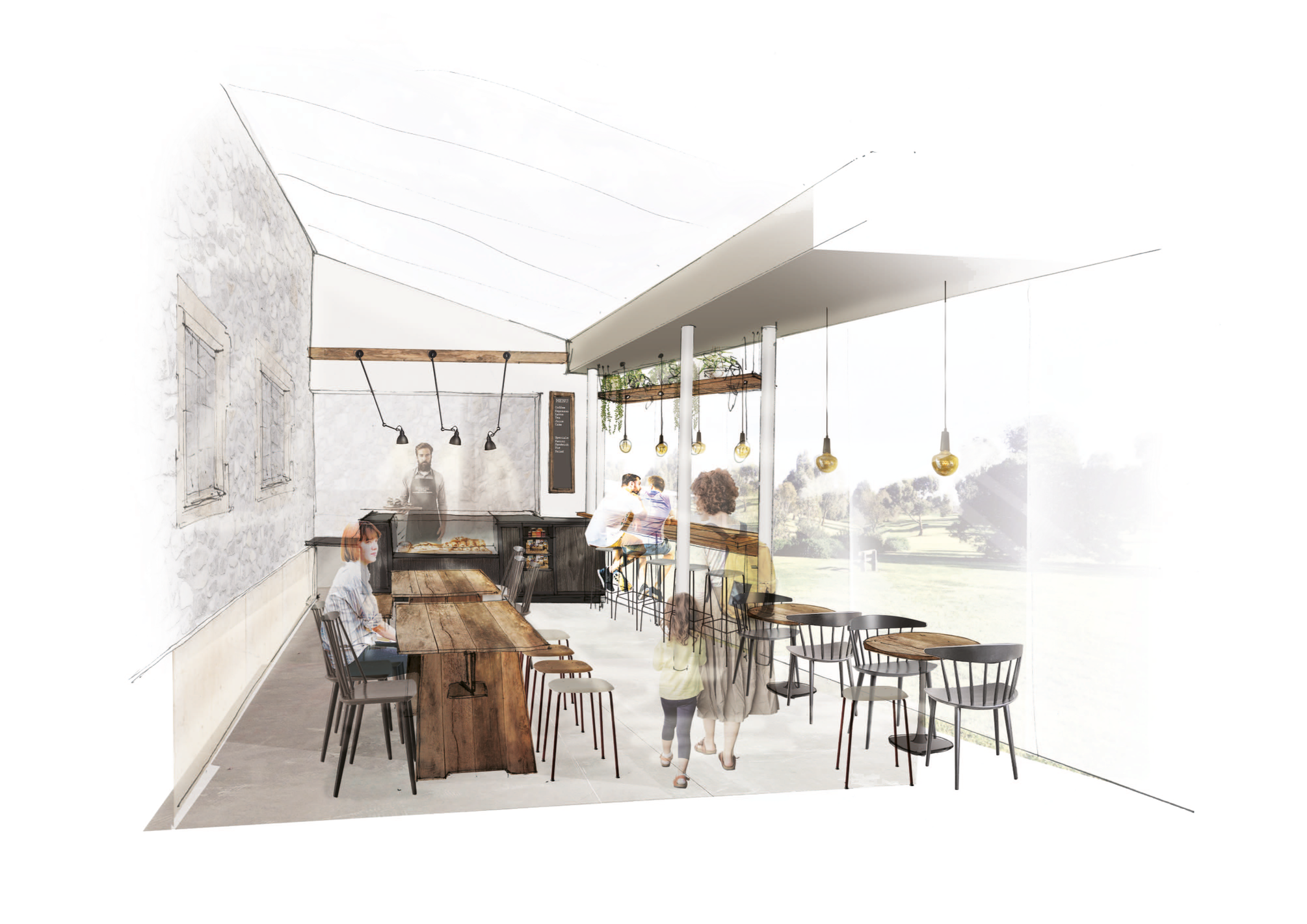 Clifton Observatory Cafe Bristol interior design. Architectural rendering of a modern café interior with bespoke wooden tables, pendant lights, plants, and large windows overlooking the park. A coffee shop design in Bristol.