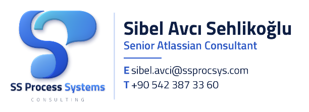 Business card for Sibel Avcı Sehlikoğlu, Senior Atlassian Consultant at SS Process Systems, with contact information.