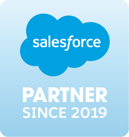 Salesforce Partner-Logo mit Text 'Seit 2019' auf blauem Hintergrund.