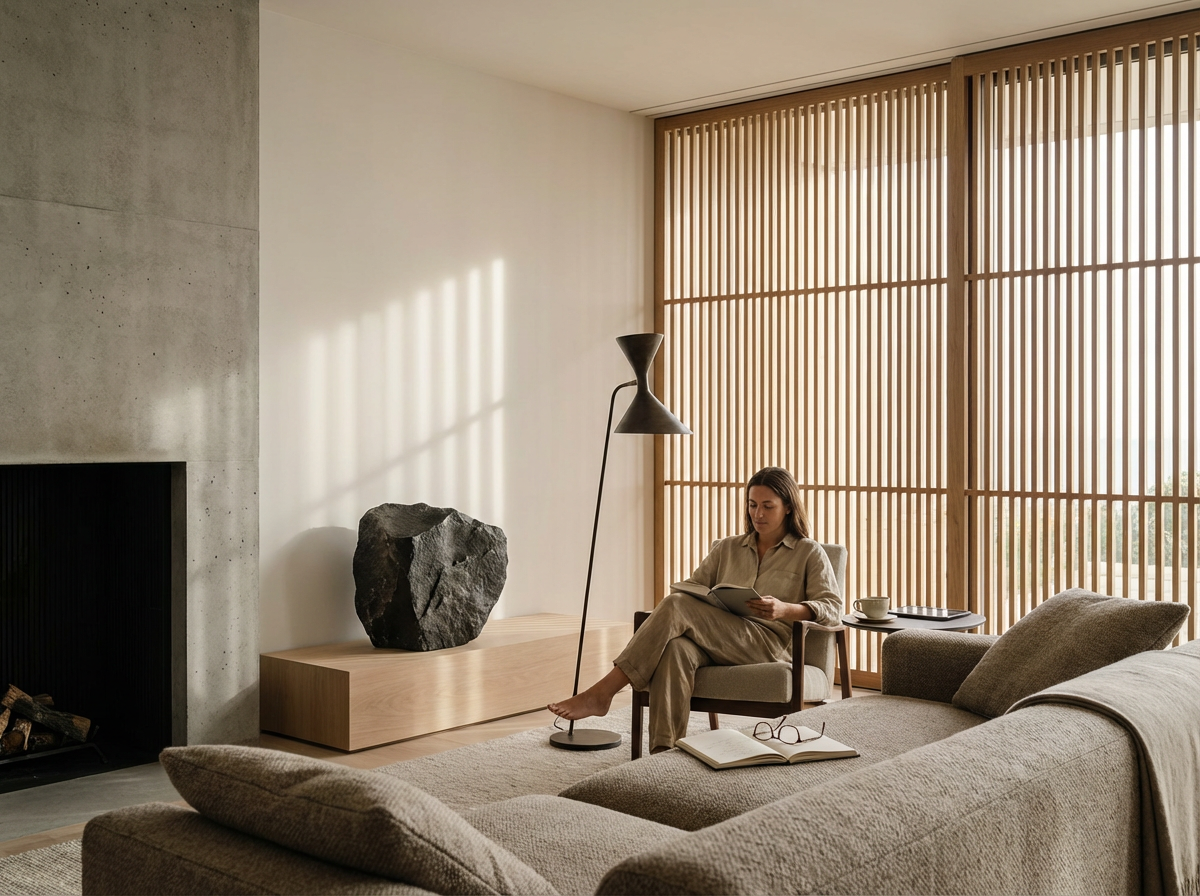 A woman sitting in a modern living room, reading a book, with a large window with wooden slats, a concrete fireplace, a sculpture on a wooden console, a floor lamp, a gray sofa, an open book, and a cup on a side table.