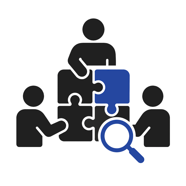 Illustration of four people working together on a puzzle, with a magnifying glass focusing on one piece.