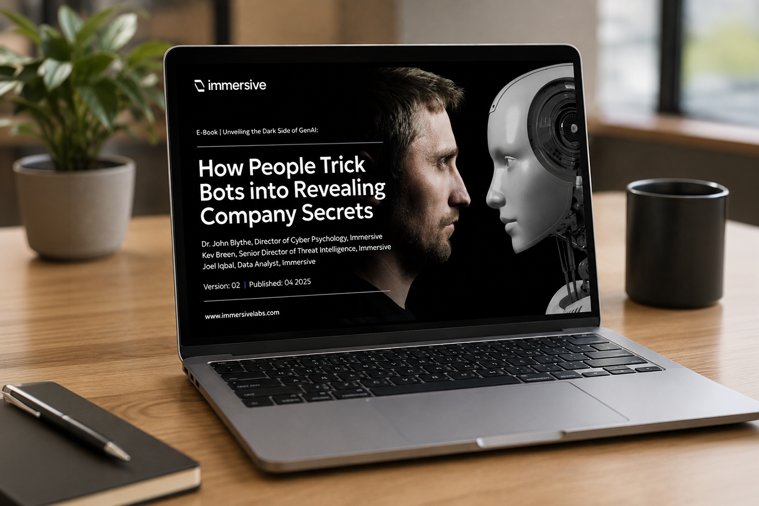 Laptop displaying an e-book titled "How People Trick Bots into Revealing Company Secrets" on a wooden desk, with a potted plant, a black mug, a notebook, and a pen nearby.