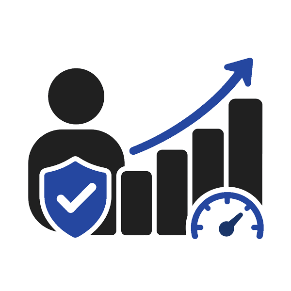 Icon of a person with a shield and checkmark, bar chart with an upward arrow, and a speedometer gauge.