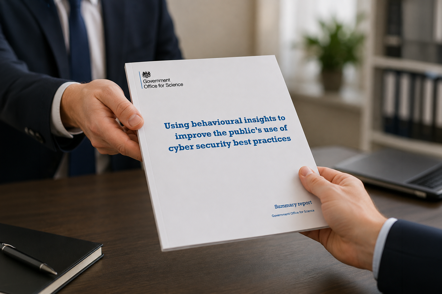 A person in a suit handing another person a report titled 'Using behavioural insights to improve the public's use of cyber security best practices' from the Government Office for Science, in an office setting.