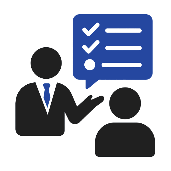 Icon of a person in business attire with a speech bubble showing checkmarks and lines for text, indicating a conversation or presentation.