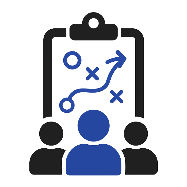 Graphic of three people facing a clipboard with a strategy diagram, including circles, X's, and an upward arrow, representing planning or team strategy.