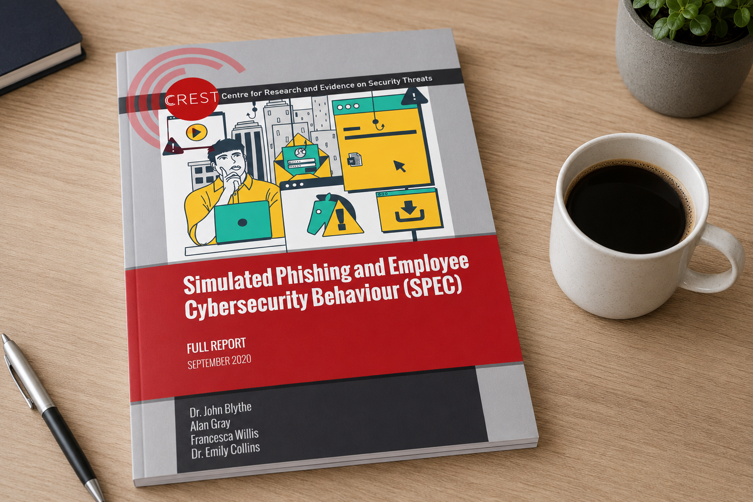 Report titled 'Simulated Phishing and Employee Cybersecurity Behavior (SPEC)' with a cover illustration of a person thinking at a laptop surrounded by cybersecurity icons, on a wooden desk next to a cup of coffee, a pen, and a potted plant.