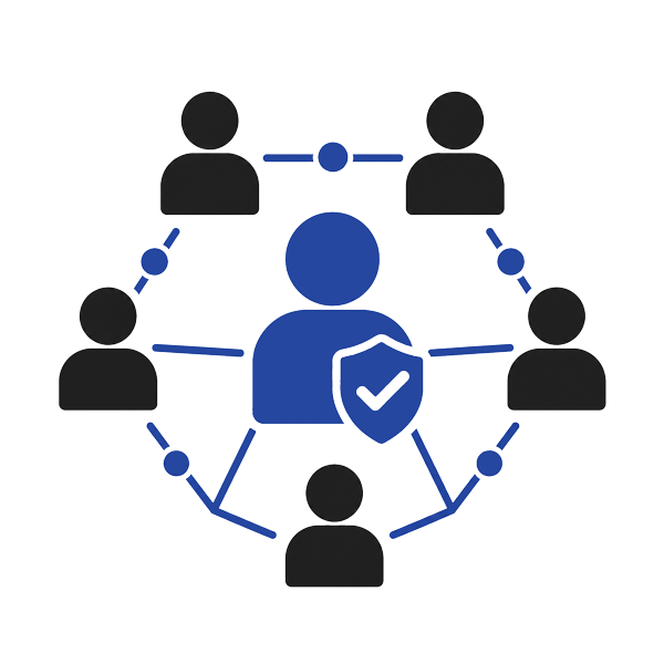 Diagram of a person with a shield emblem, connected to five other people through a network, representing cybersecurity or online trust.