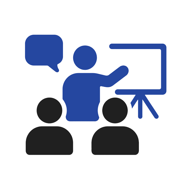 Icon of a person giving a presentation to two audience members with a speech bubble and a presentation screen.