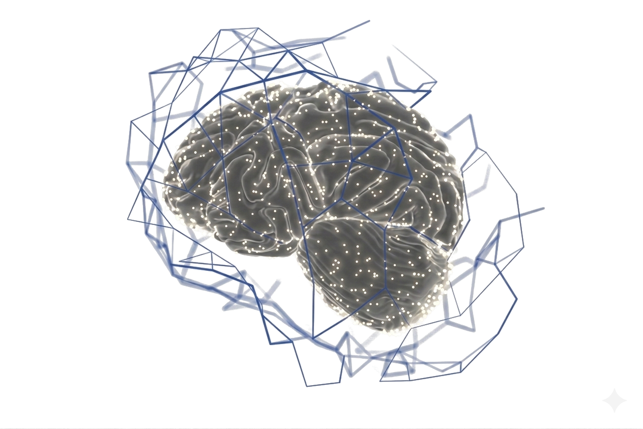 A digital illustration of a human brain encased in a geometric, wireframe structure with glowing dots connecting to the brain.