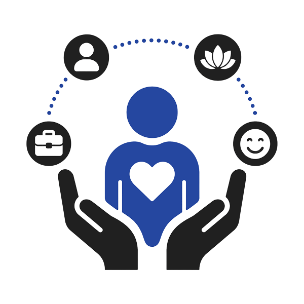 Icon of a person with a heart on their chest supported by two hands, surrounded by icons for a person, a lotus flower, a smiling face, and a medical bag, representing wellness and care.