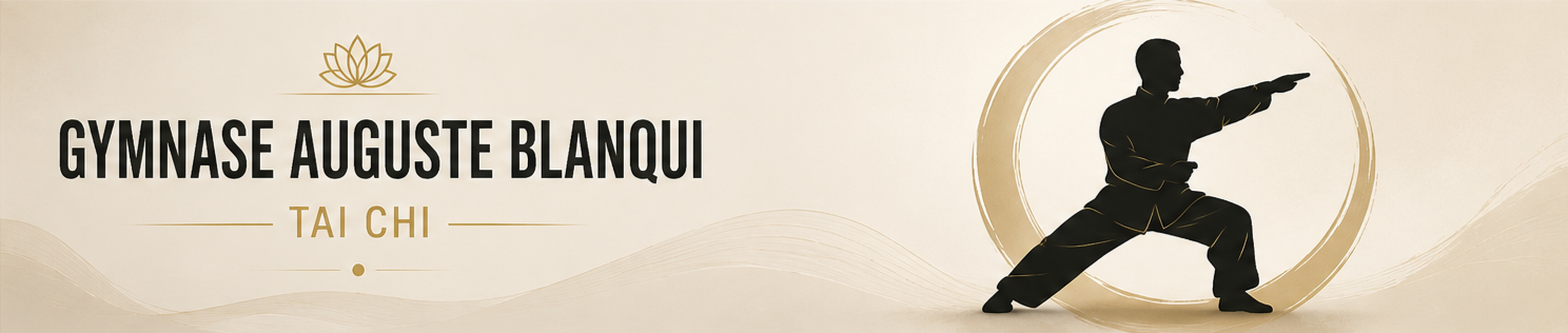 Logo avec une fleur de lotus, texte indiquant Gymnase Auguste Blanqui Tai Chi, silhouette d'une personne pratiquant le Tai Chi dans une posture de combat, avec un cercle derrière elle, sur fond beige
