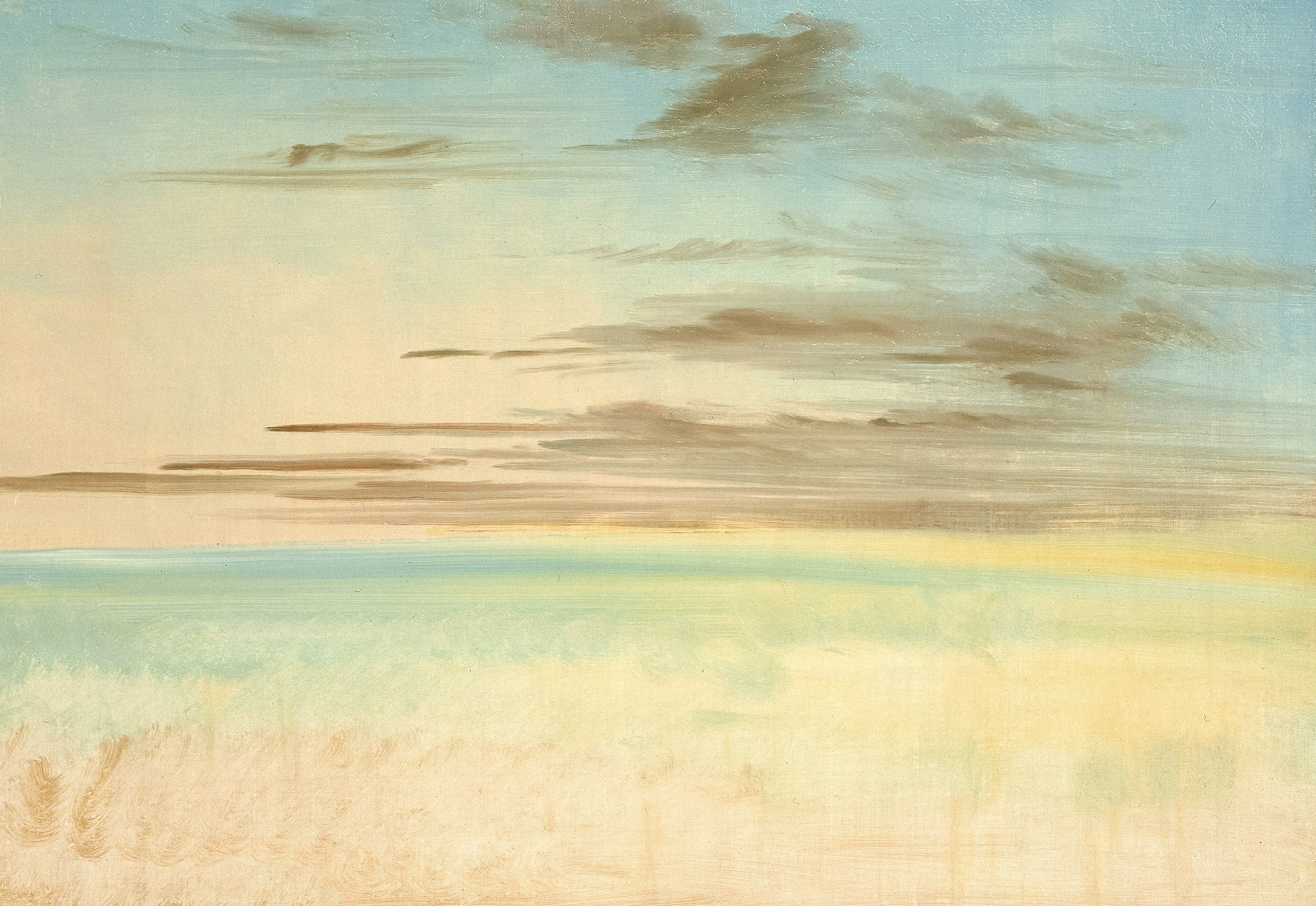 Abstract landscape painting with soft pastel colors, including sky blue, light green, beige, and hints of pink.