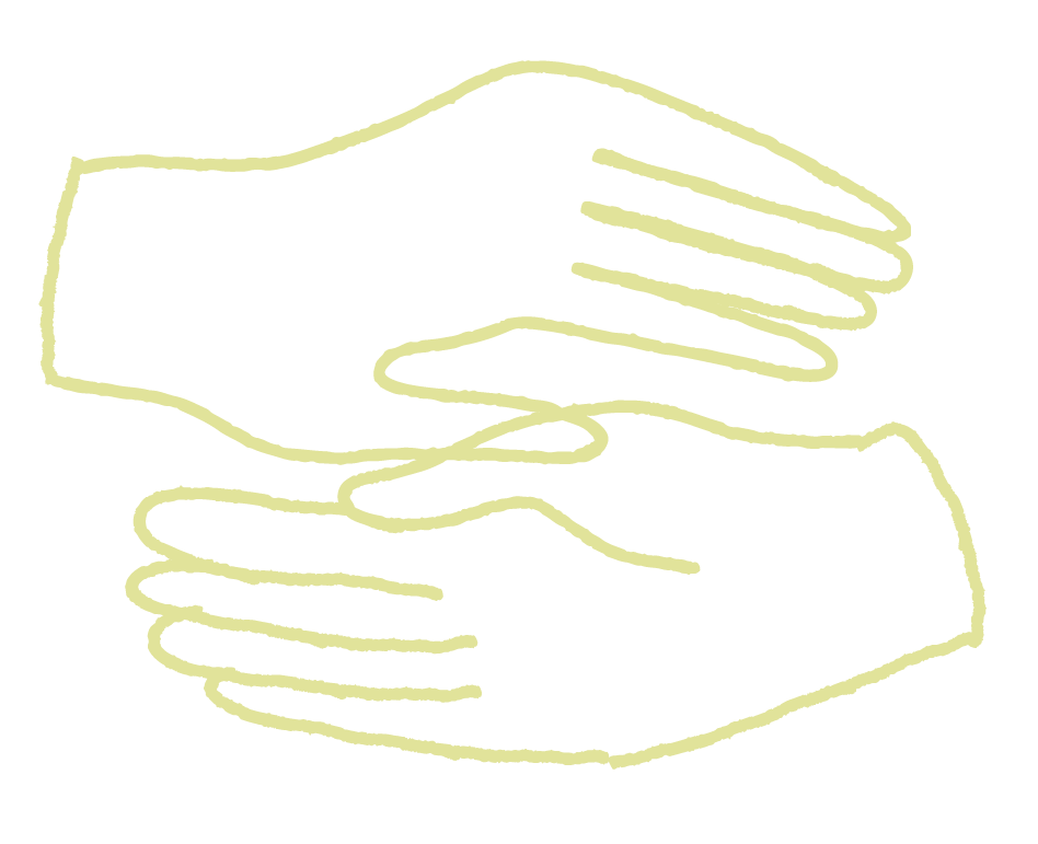Minimalist line drawing of two hands gently holding each other on a black background
