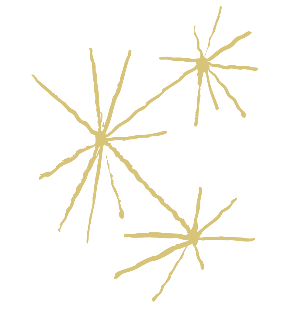 Three abstract, star-shaped sketches in a beige color on a black background, resembling fireworks or sparks.