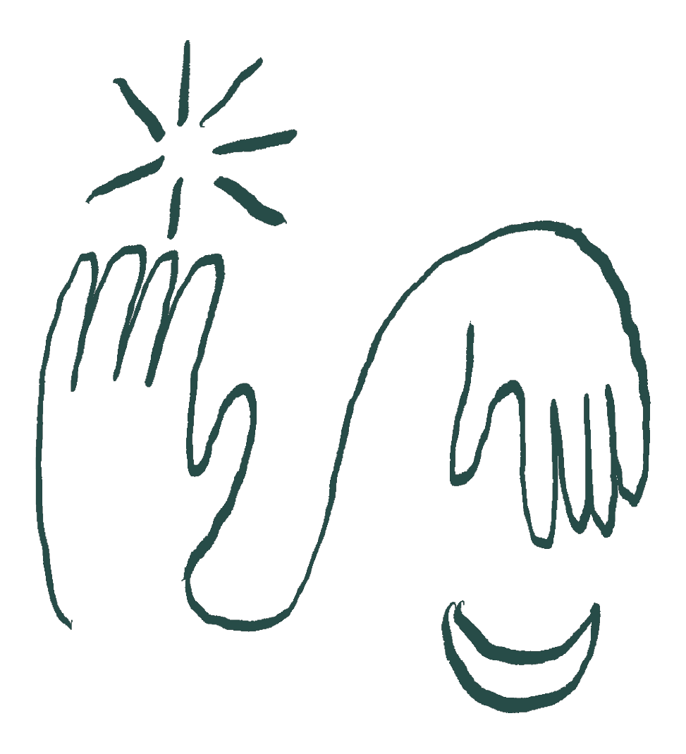 Stylized drawing of two hands, one reaching towards a star, with minimalist crescent shape beneath, on a black background.