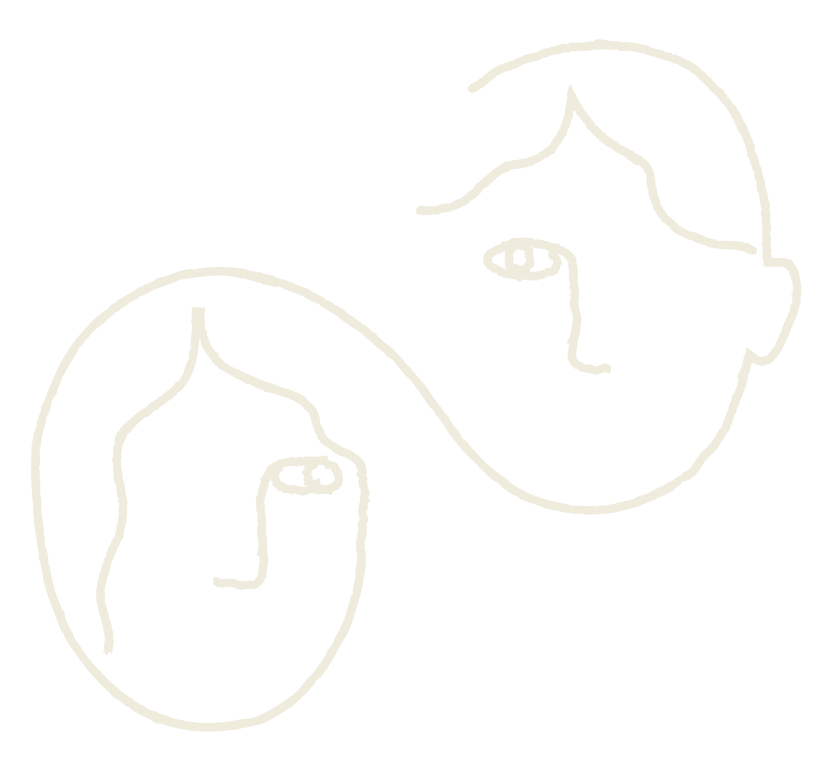 Line drawing of two abstract human faces, one larger and one smaller, against a black background.