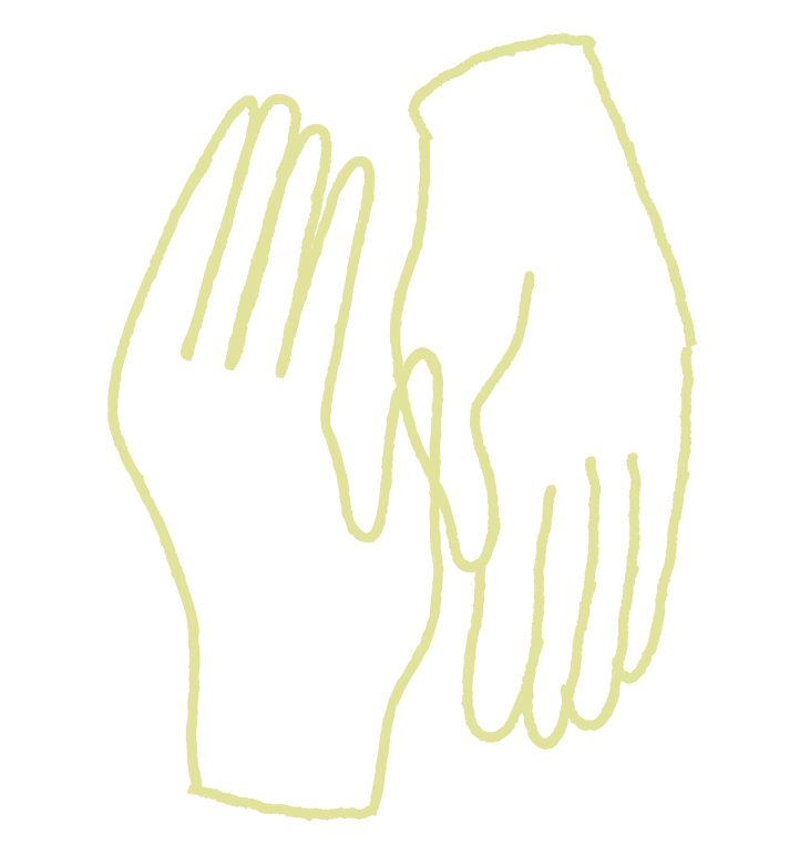 Outline drawing of two hands clasped together, one hand over the other, against a black background.