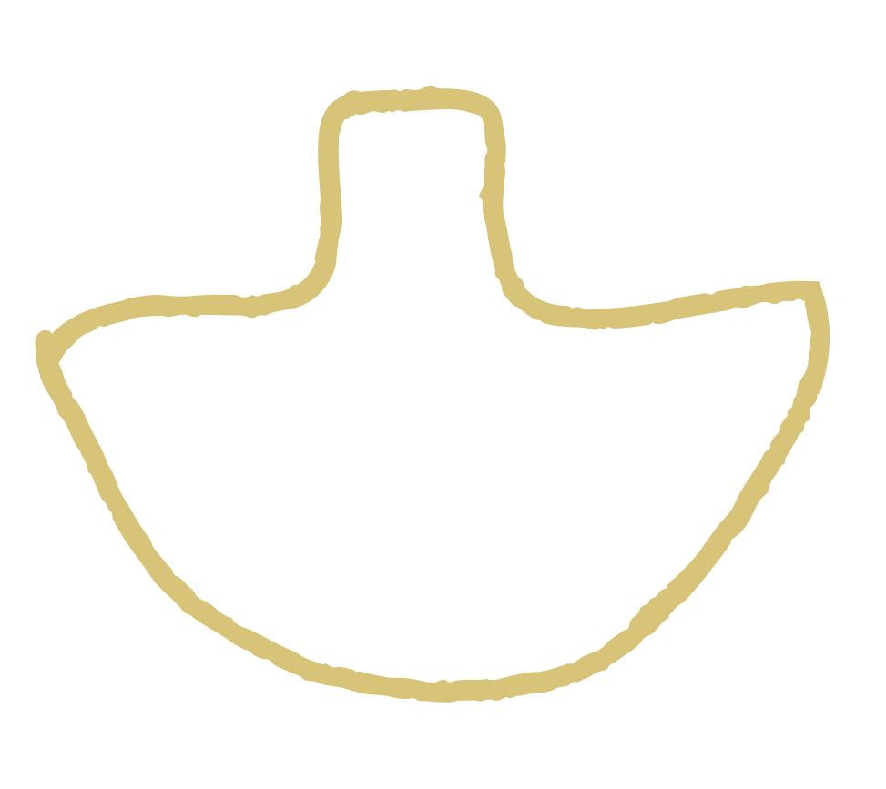 Outline drawing of a bowl or container with a rounded base and a short, wide opening at the top, sketched in beige color on a black background.