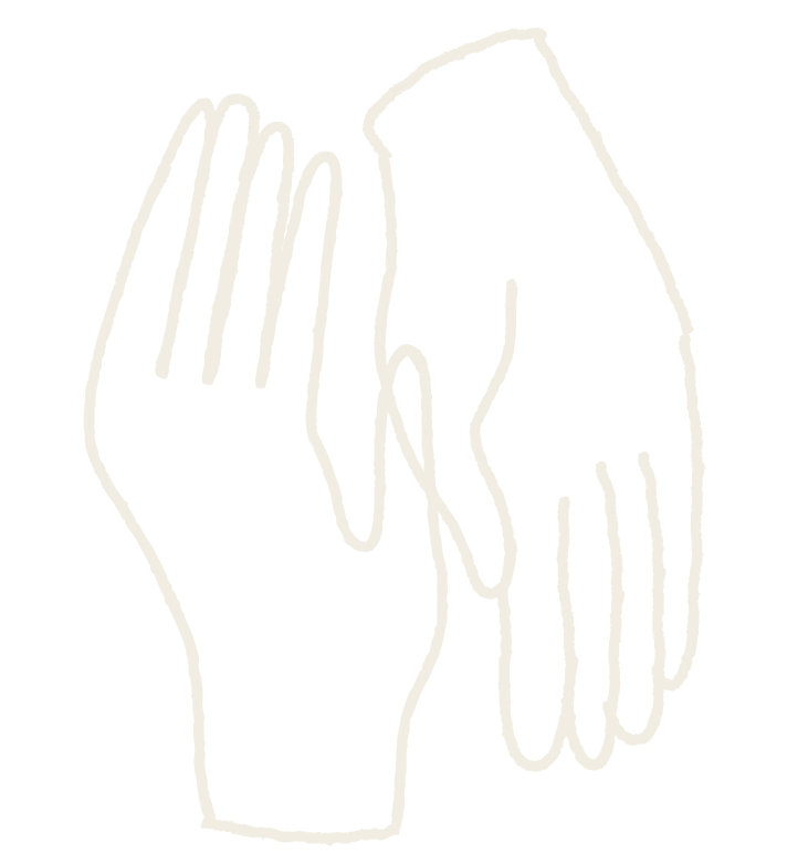 Outline of two hands touching with fingers intertwined on a black background.