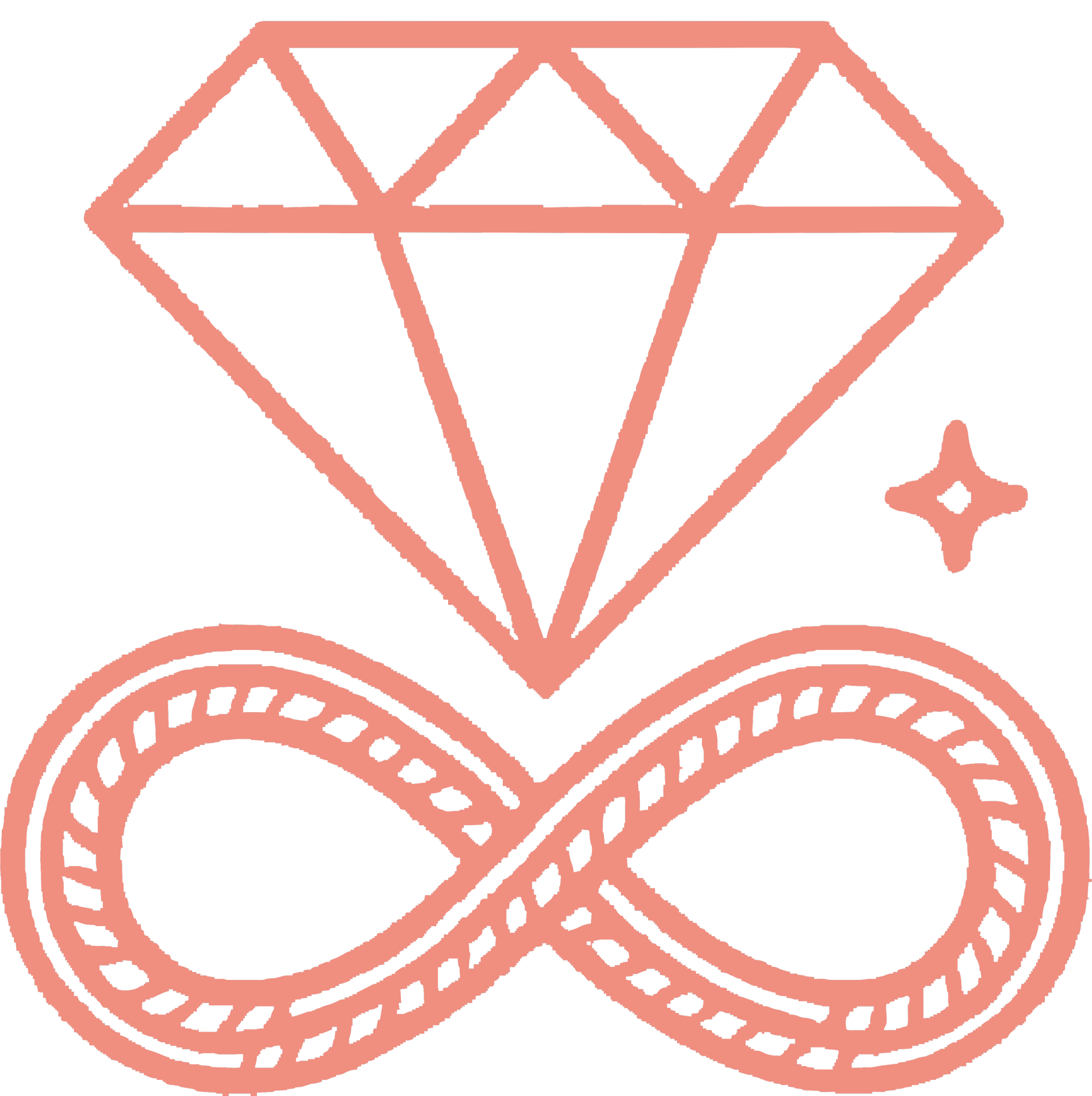 Outline drawing of a diamond ring with a large central diamond and smaller side diamonds on a black background.