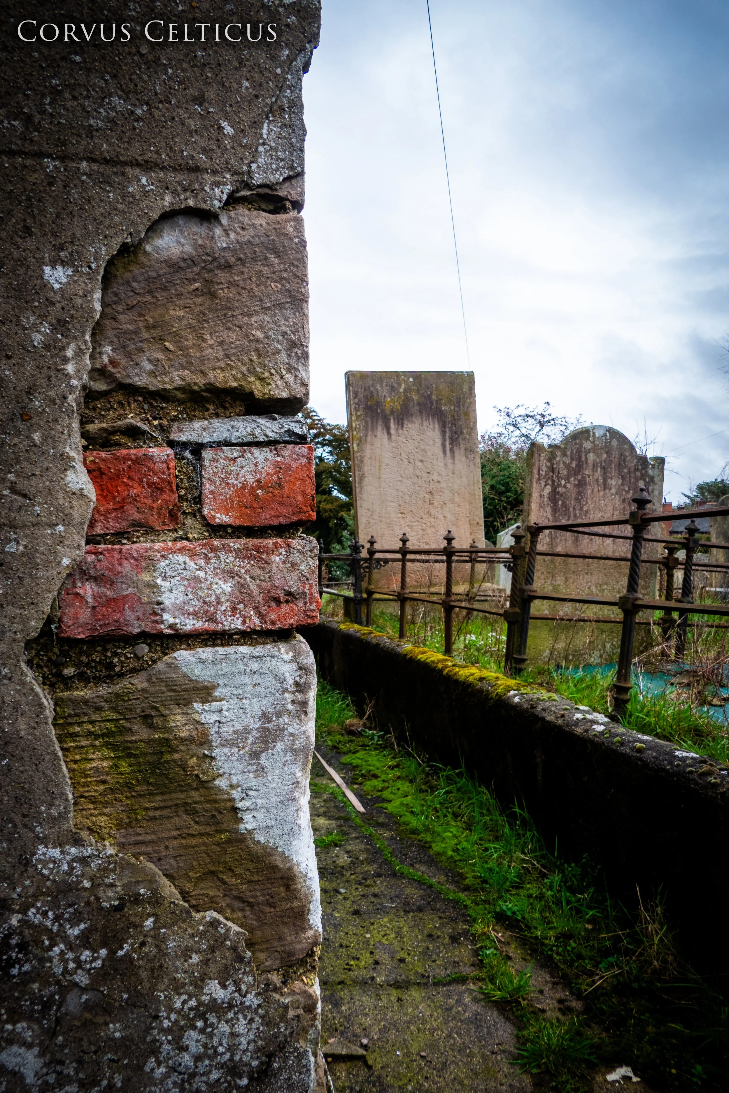 Close-up of a weathered brick and stone wall with moss and lichen, at Saint Elizabeth's Old Church in Dundonald