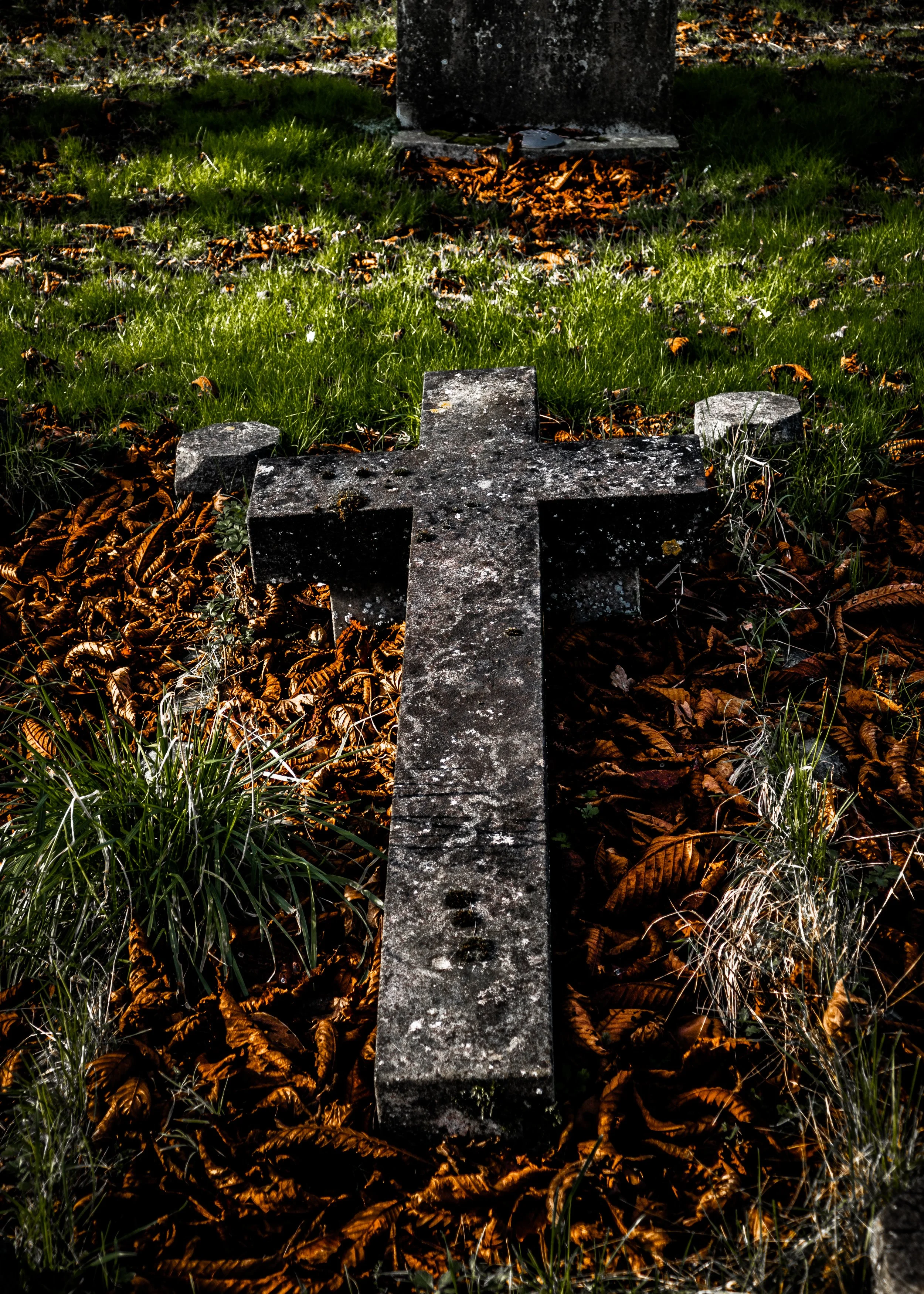 A moss-covered stone cross in a graveyard surrounded by fallen autumn leaves, green grass, and shrubbery.