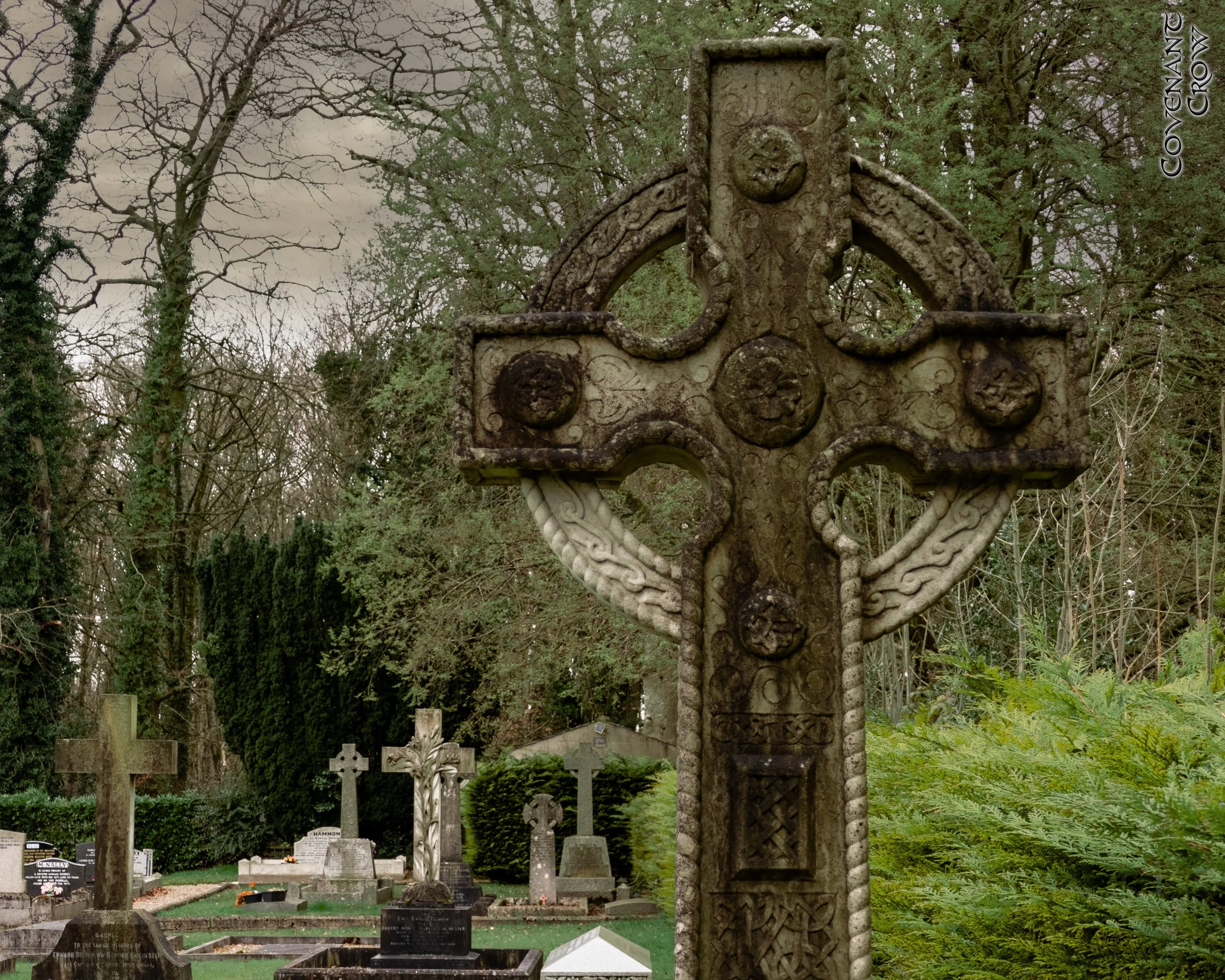 Historical Celtic cross monument at Christ Church Castledawson, surrounded by leafless trees and others with evergreen foliage, along with various smaller grave markers.