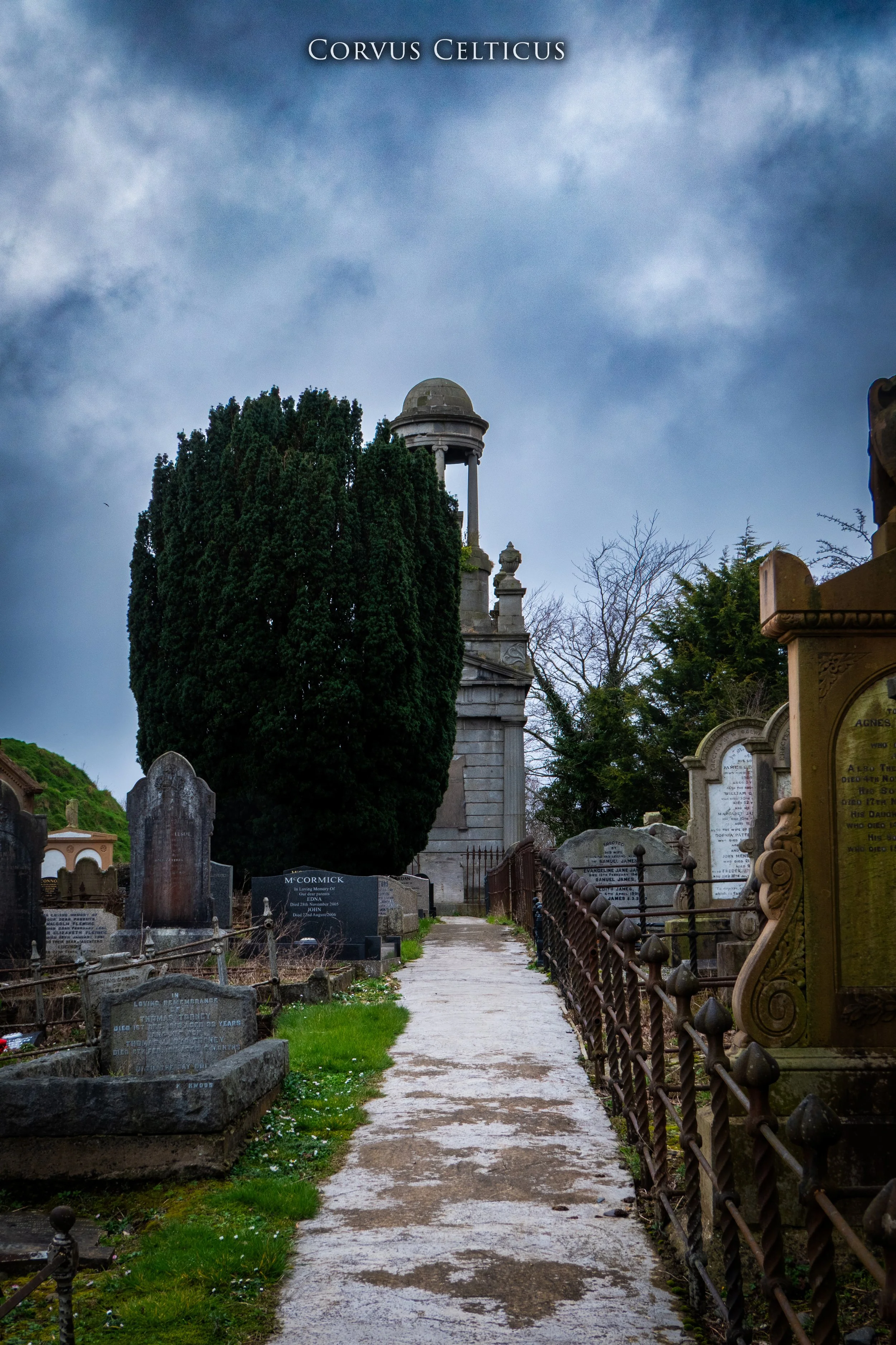 The path leading to the Cleland Memorial Mausoleum at Saint Elizabeth's Old Church in Dundonald.  Slightly obscured by a tree.  Cloudy sky