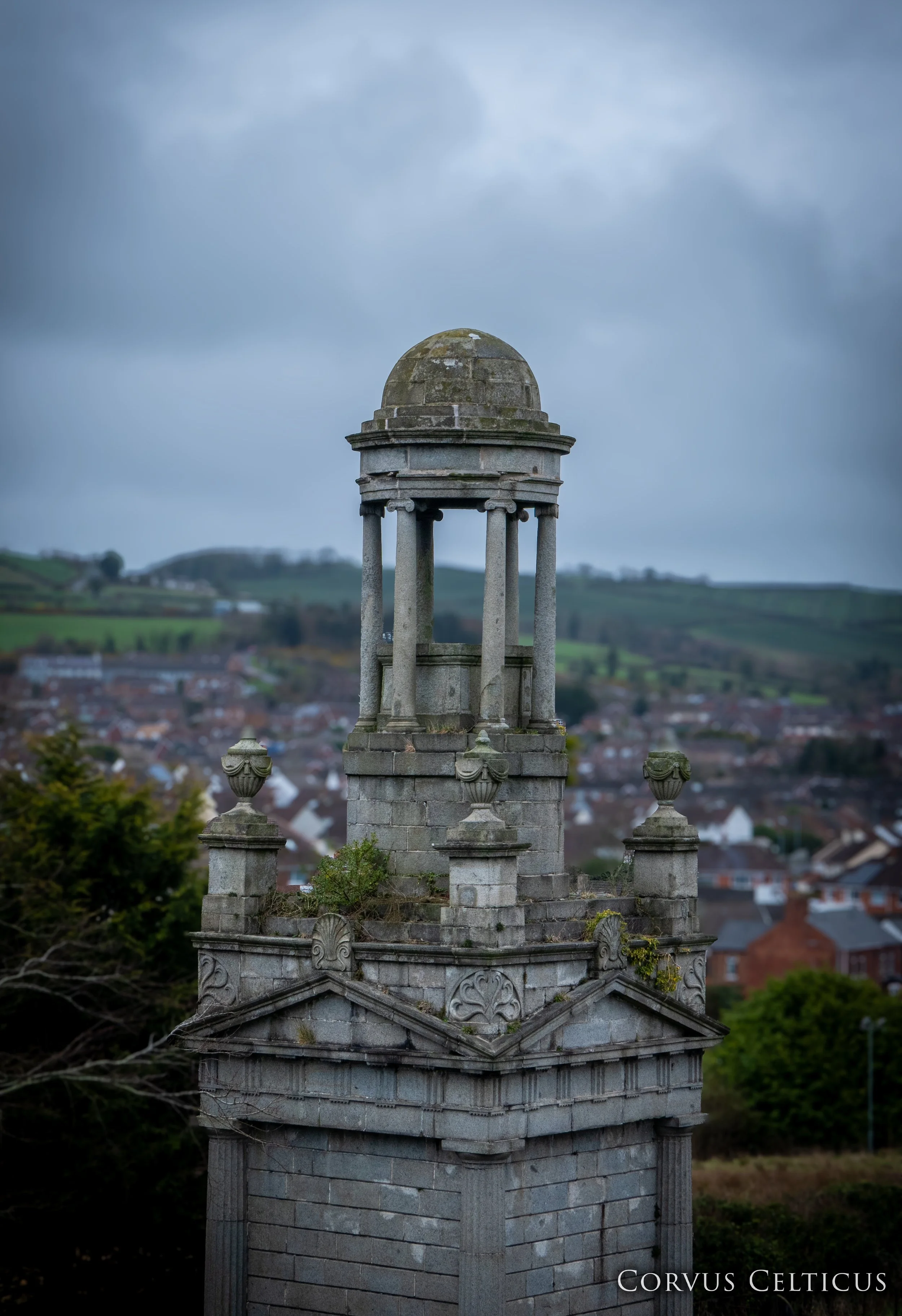 The Cleland Memorial Mausoleum at Saint Elizabeth's Old Church in Dundonald.  Cloudy sky