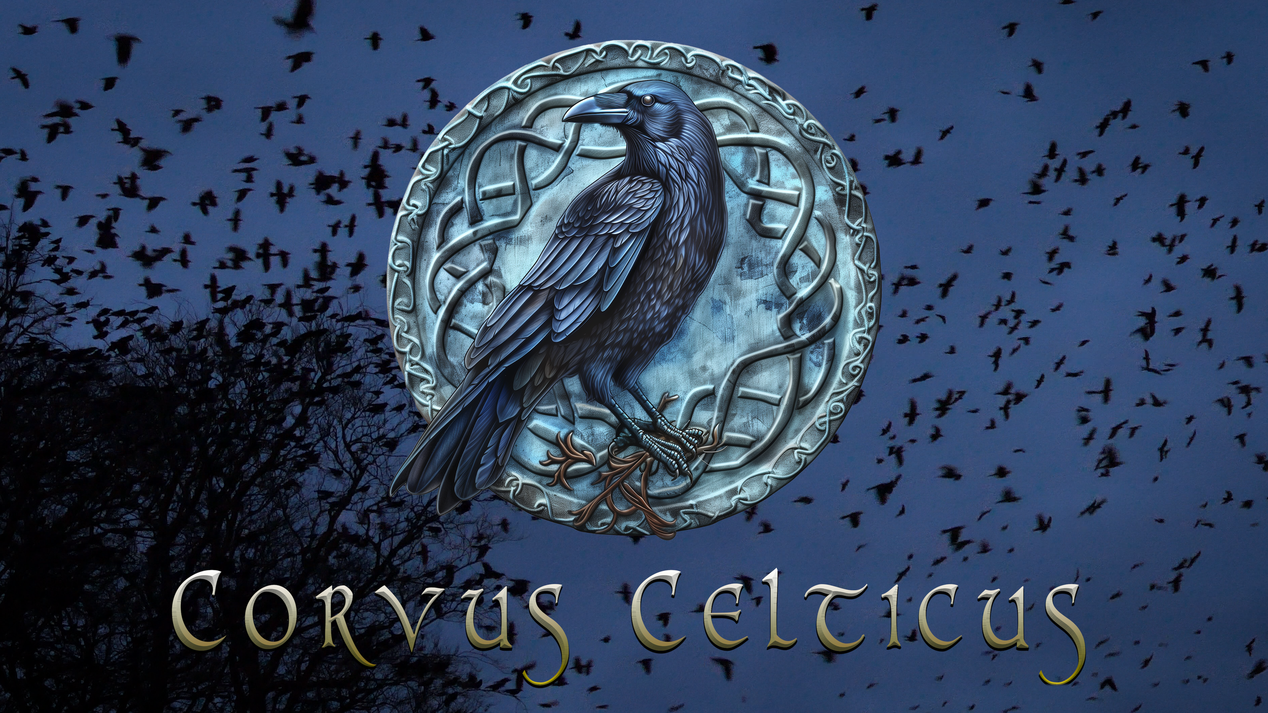 A bluish emblem featuring a black raven perched on a branch, surrounded by intricate Celtic knotwork, with the words 'Corylus Celticus' written beneath.