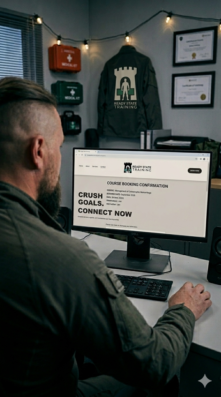 A man sitting at a desk looking at a computer screen displaying a course booking confirmation for Ready State Training. The room has framed certificates on the wall, a jacket with the company logo, and medical kit boxes.