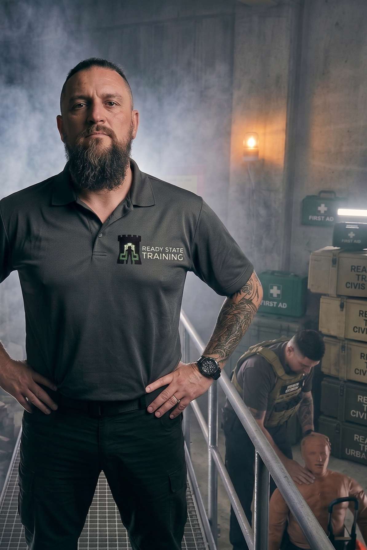A man with a beard and tattoos, wearing a black polo shirt with 'Ready State Training' logo, standing confidently with hands on hips in a training facility with first aid supplies and mannequins in the background.