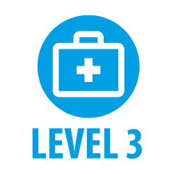 Blue circular sign with a white medical kit and a plus symbol, and the words 'LEVEL 3' below