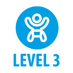 Blue circular icon with a white abstract figure of a person with arms raised inside it, and the text 'LEVEL 3' below.