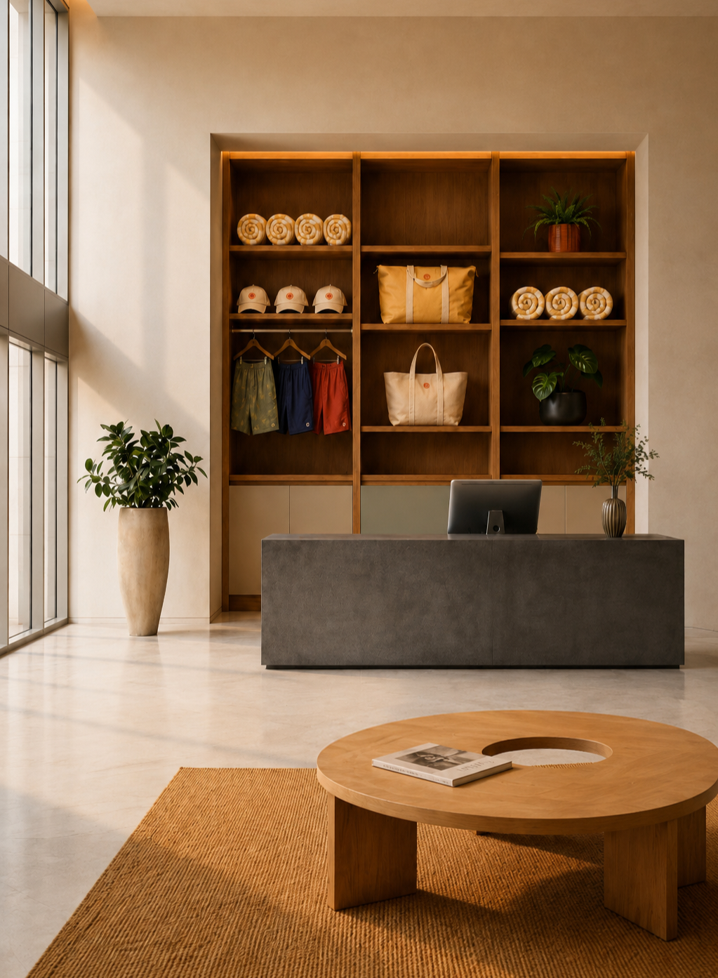 Modern lobby with a wooden shelving unit containing hats, bags, and decorative items, a reception desk with a computer, potted plants on either side, and a round wooden coffee table with a magazine.