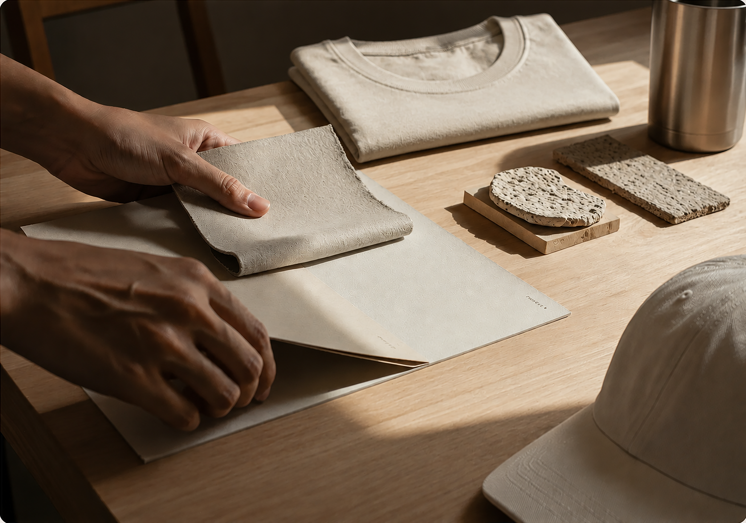 Person handling textured swatches on a table with a folded t- shirt, a cap, and tiles with different textures.