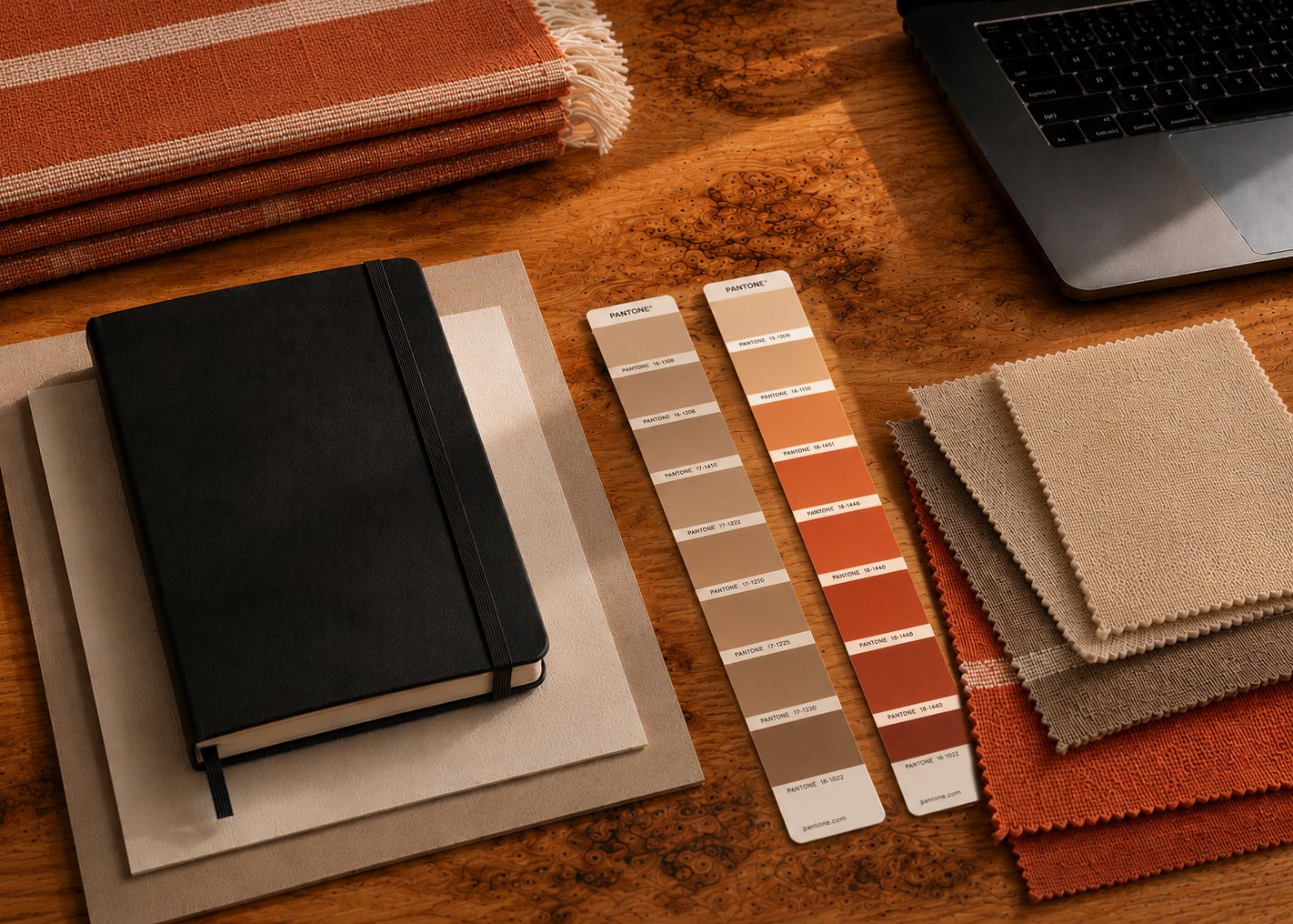 A collection of fabric samples, color swatches, a black notebook, paper swatches, and a laptop on a wooden table, showcasing design and color selection tools.