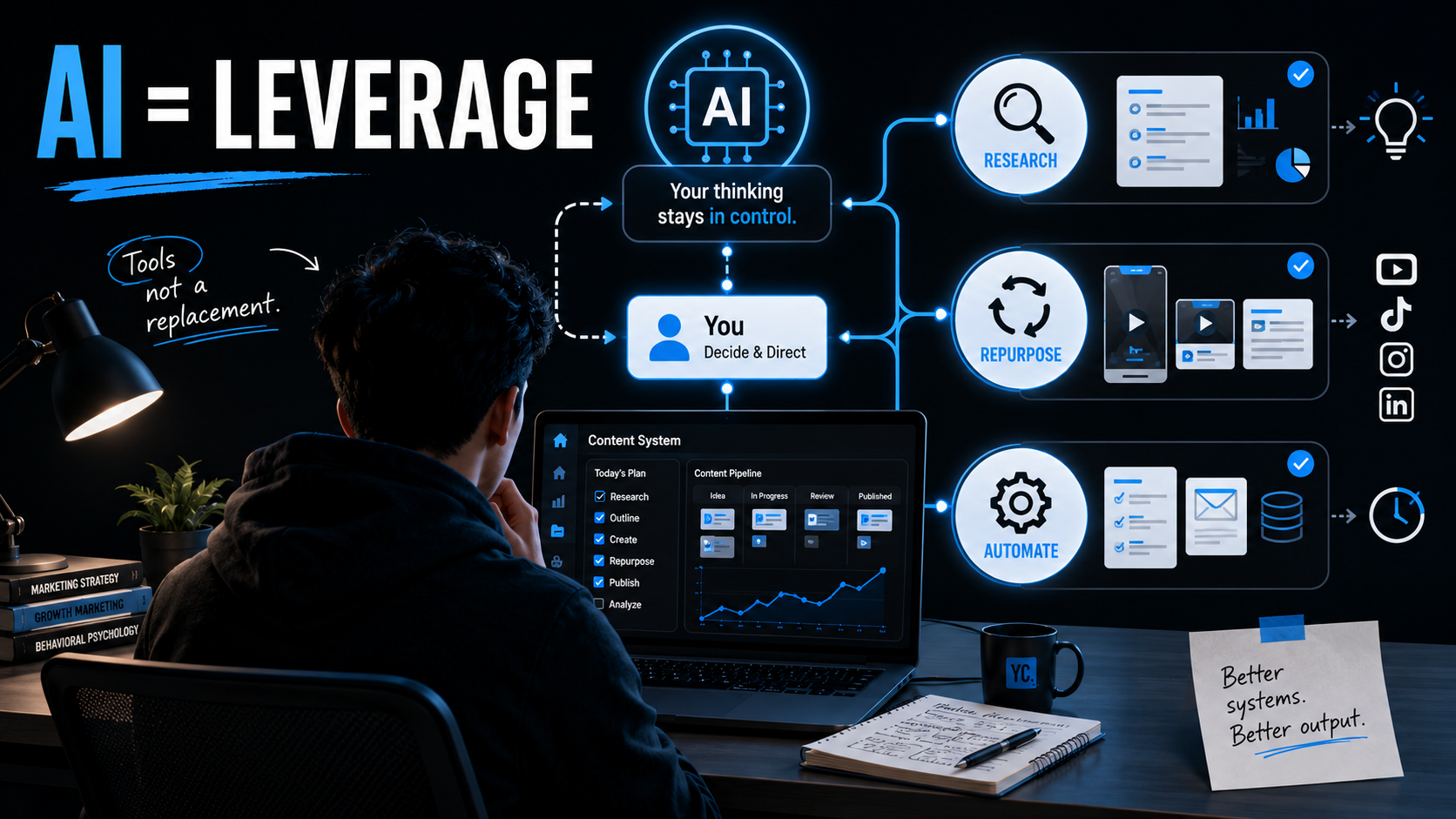 A dark AI workflow graphic showing human judgment controlling an AI assistant that supports research, content repurposing, and automation tasks through connected workflow panels.