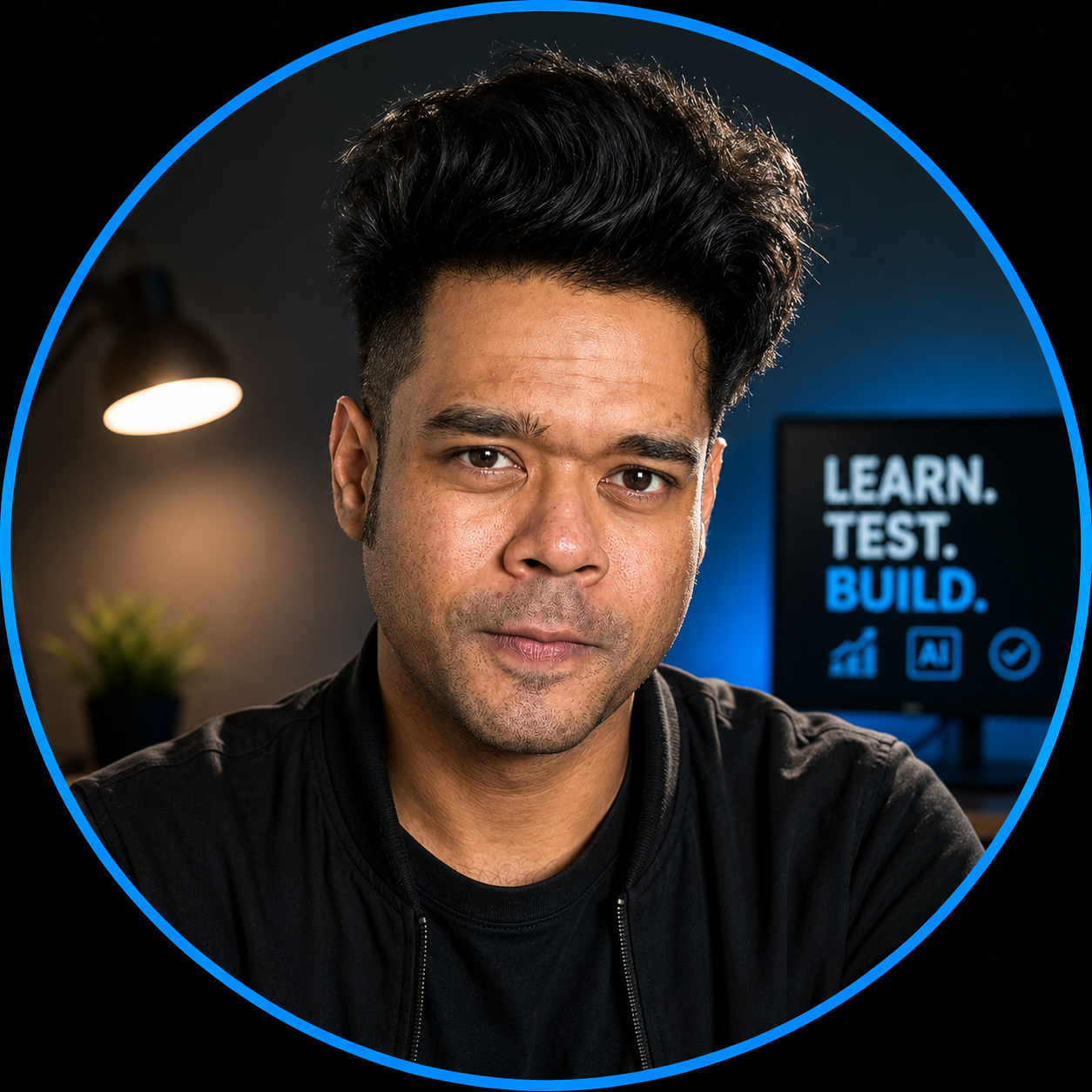 A man with dark hair and a slight beard looking at the camera. In the background, a monitor displays the words 'LEARN. TEST. BUILD.' along with icons representing analytics, AI, and a checkmark.