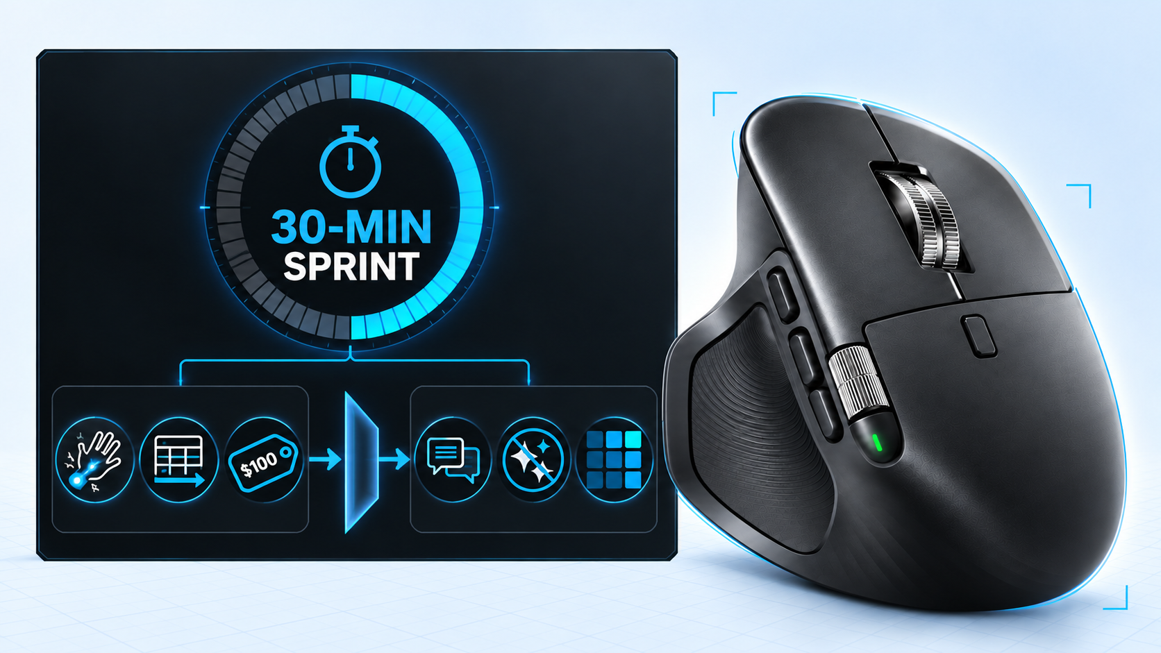 Yan Chowdhury - A 30-minute countdown, icons for wrist pain, spreadsheets and a $100 price, followed by research, constraint and testing-matrix symbols beside an MX Master 3S mouse.