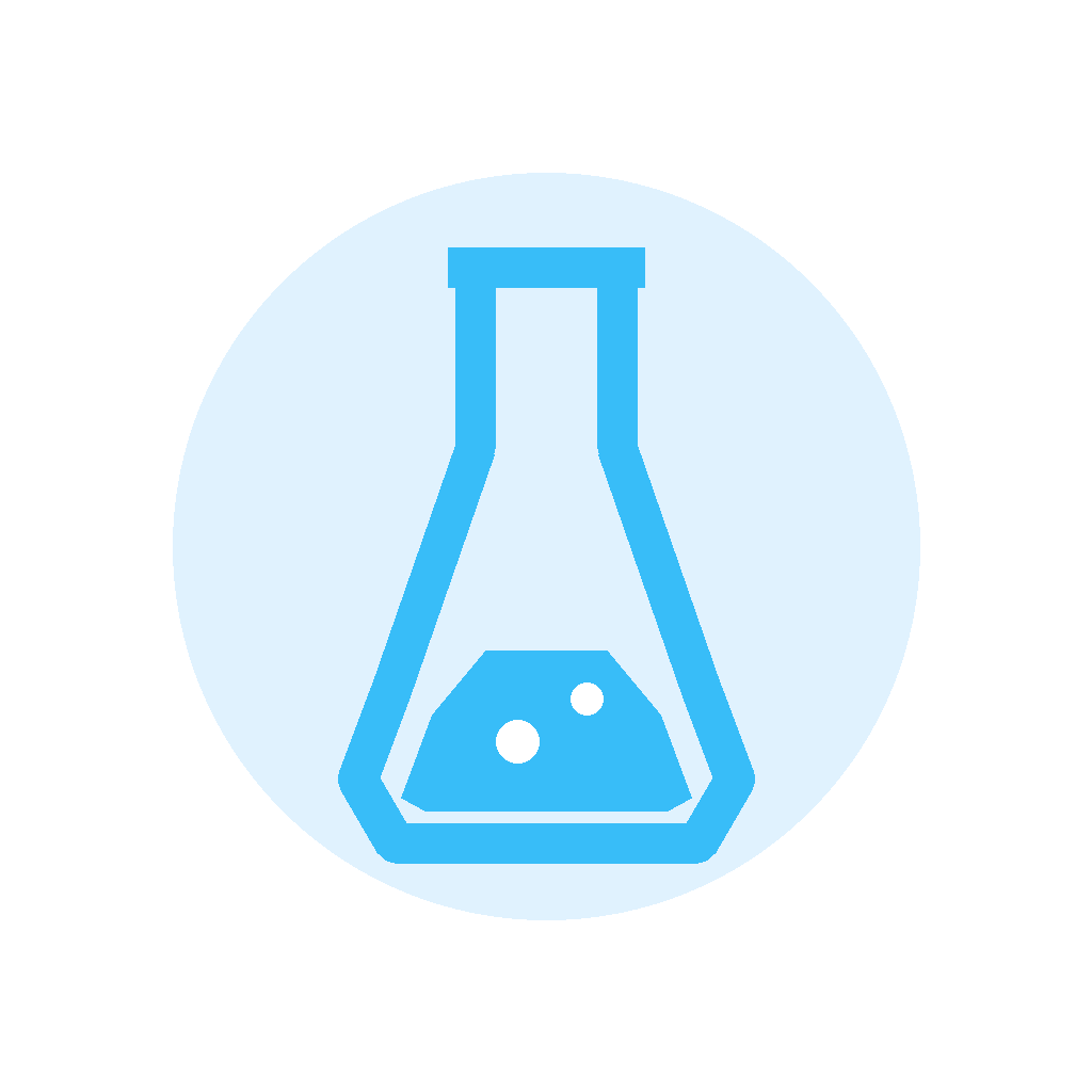 Icon of a laboratory flask with liquid inside, depicted in blue with a bubble, against a light blue circular background.