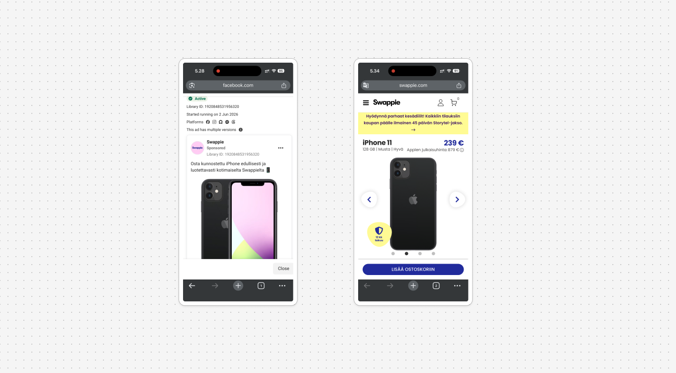 A comparison of mismatch of the ad copy from the actual landing for Swappie